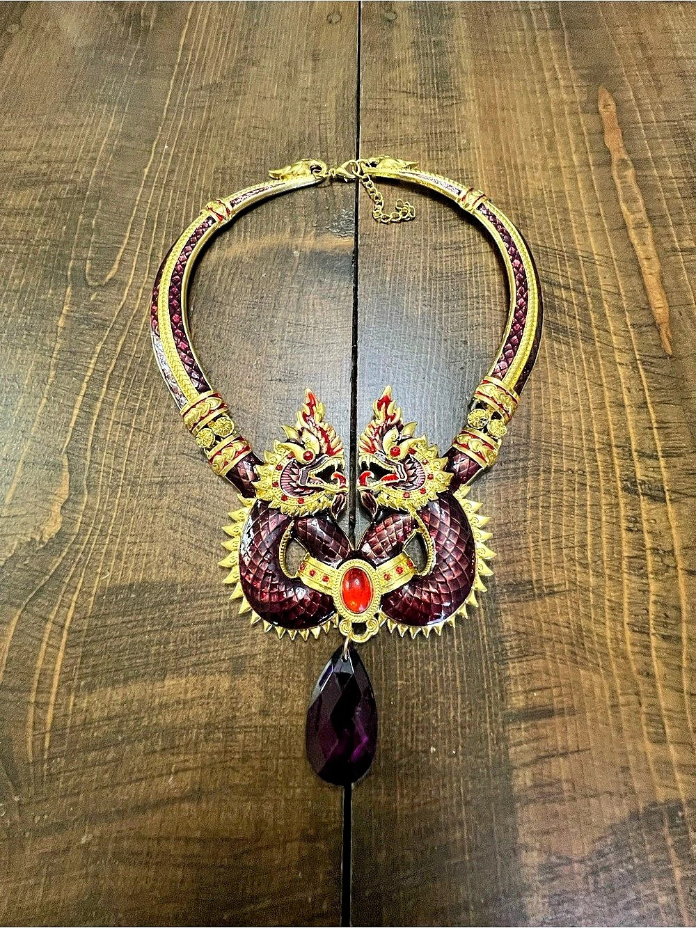 Thai Naga Double Dragon Statement Collar Necklace Red & Gold Dragon Statement